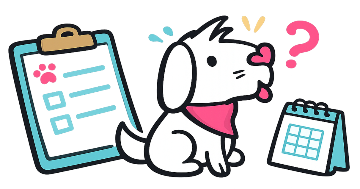 Cute cartoon dog with a pink bandana sitting next to a calendar and a tablet showing messaging and schedule icons, with a pink question mark above its head.