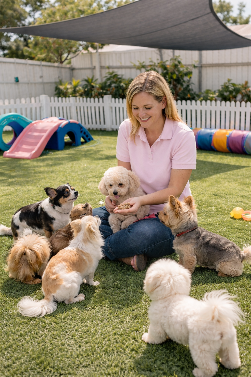 A woman is sitting on the grass in a backyard, surrounded by multiple small dogs. She is holding a treat and smiling while dogs gather around her, some sitting and some standing, eager for the treat. There is playground equipment and a white picket fence in the background.