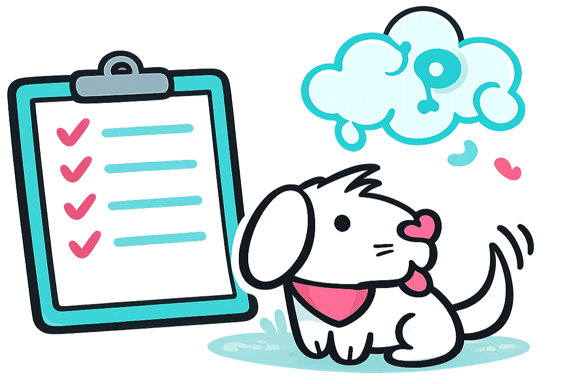Cute cartoon dog with a pink nose and collar sitting next to a clipboard with checkmarks and a medicine chart, above a thought cloud with question marks.