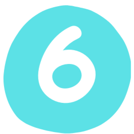 A light blue circular background with a large white number 6 in the center.