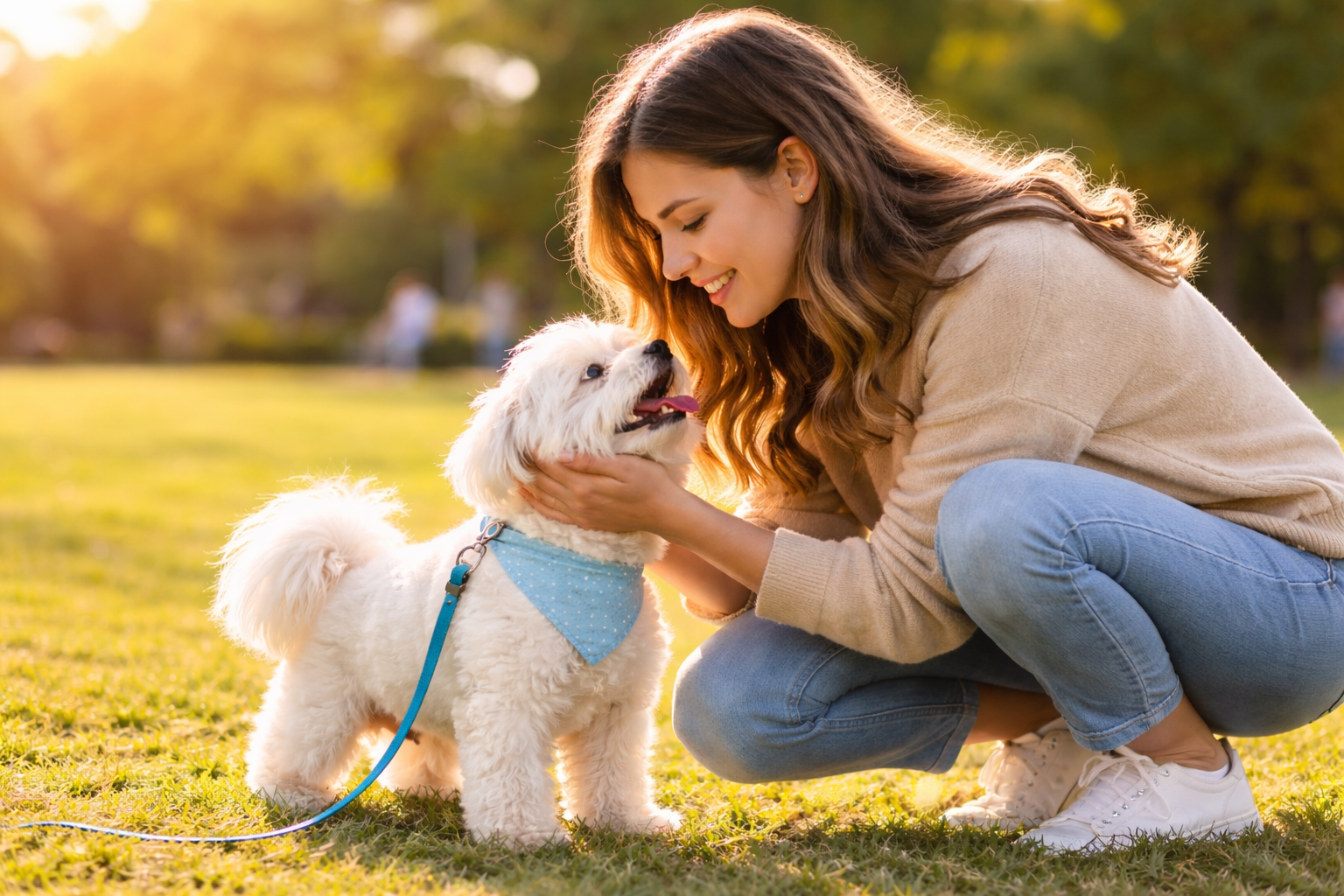A woman with brown hair, wearing a beige sweater and blue jeans, squats on the grass and smiles at a fluffy white dog with a blue bandana, in a park during sunset.