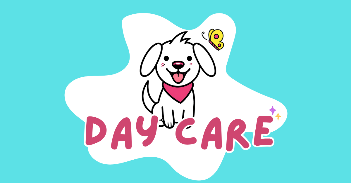 Cute cartoon puppy with a pink bandana sitting in front of the words 'DAY CARE' on a blue background.