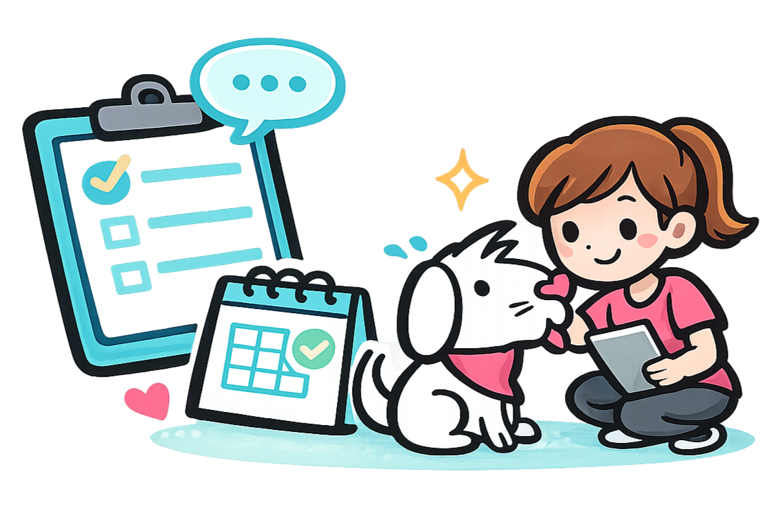 A girl with brown hair and a pink shirt sitting on the floor with her dog, which is also wearing a pink bandana, surrounded by a tablet, a calendar, and a checklist on a digital device.