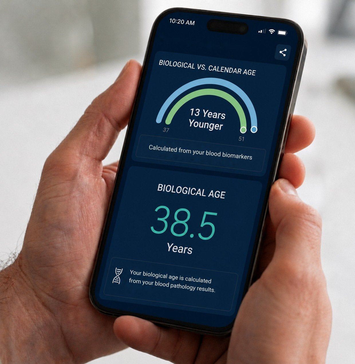 Biological age results on a phone screen