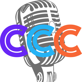 A vintage style microphone with three colorful 'CCC' letters in purple, light blue, and orange overlaying it.
