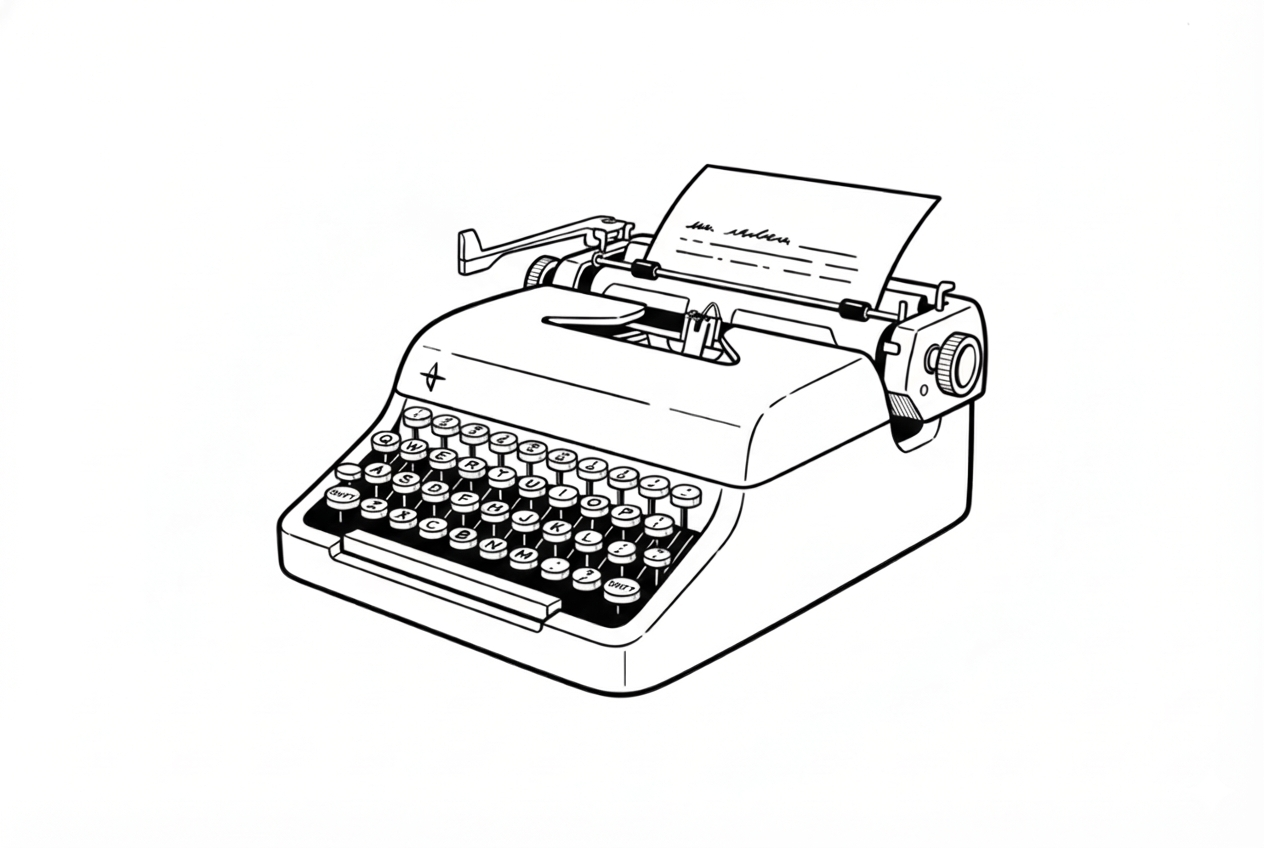 Black and white illustration of a vintage typewriter with a sheet of paper inserted, viewed from a slight angle.