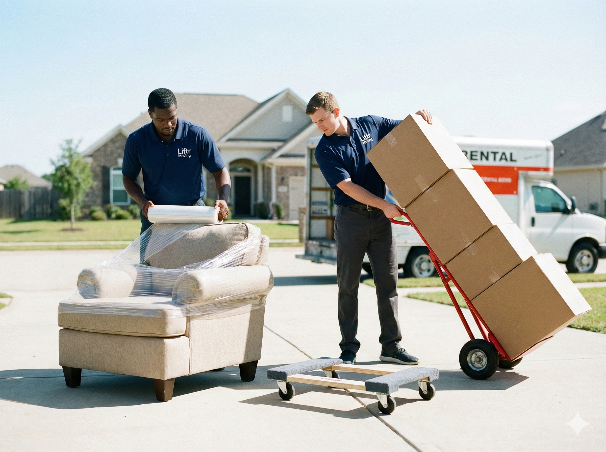 Two movers, wearing navy blue shirts with 'Liftr Moving' logo, loading a large cardboard box on a red hand truck outside a house. One mover is wrapping a piece of furniture with plastic wrap, the other is pushing a box on the cart.