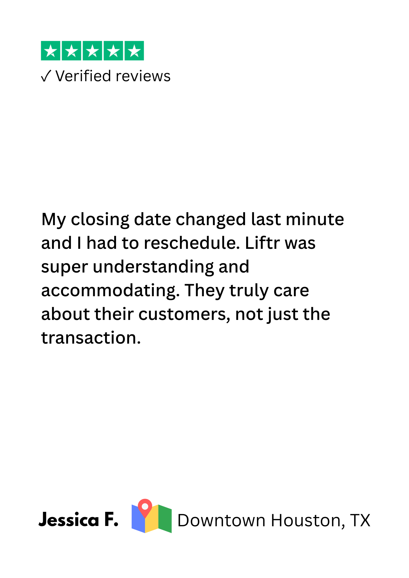 Customer review with five-star rating, verified review, and a location icon indicating Downtown Houston, TX.