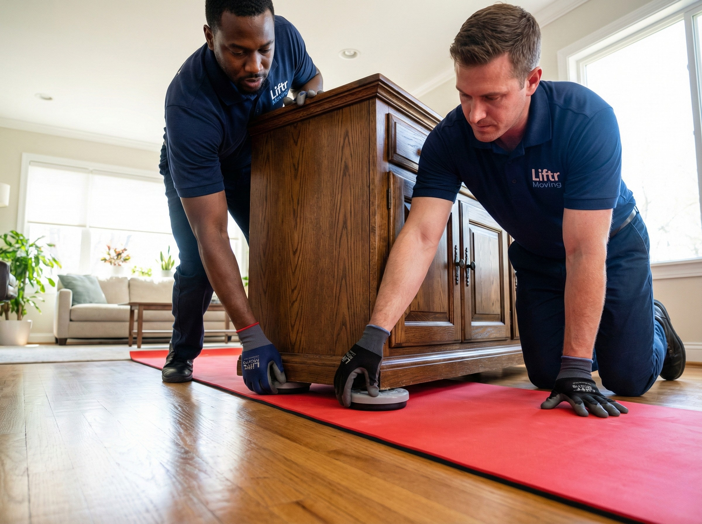 Two movers in blue uniforms are lifting a wooden cabinet onto a red moving blanket on a hardwood floor inside a brightly lit living room.