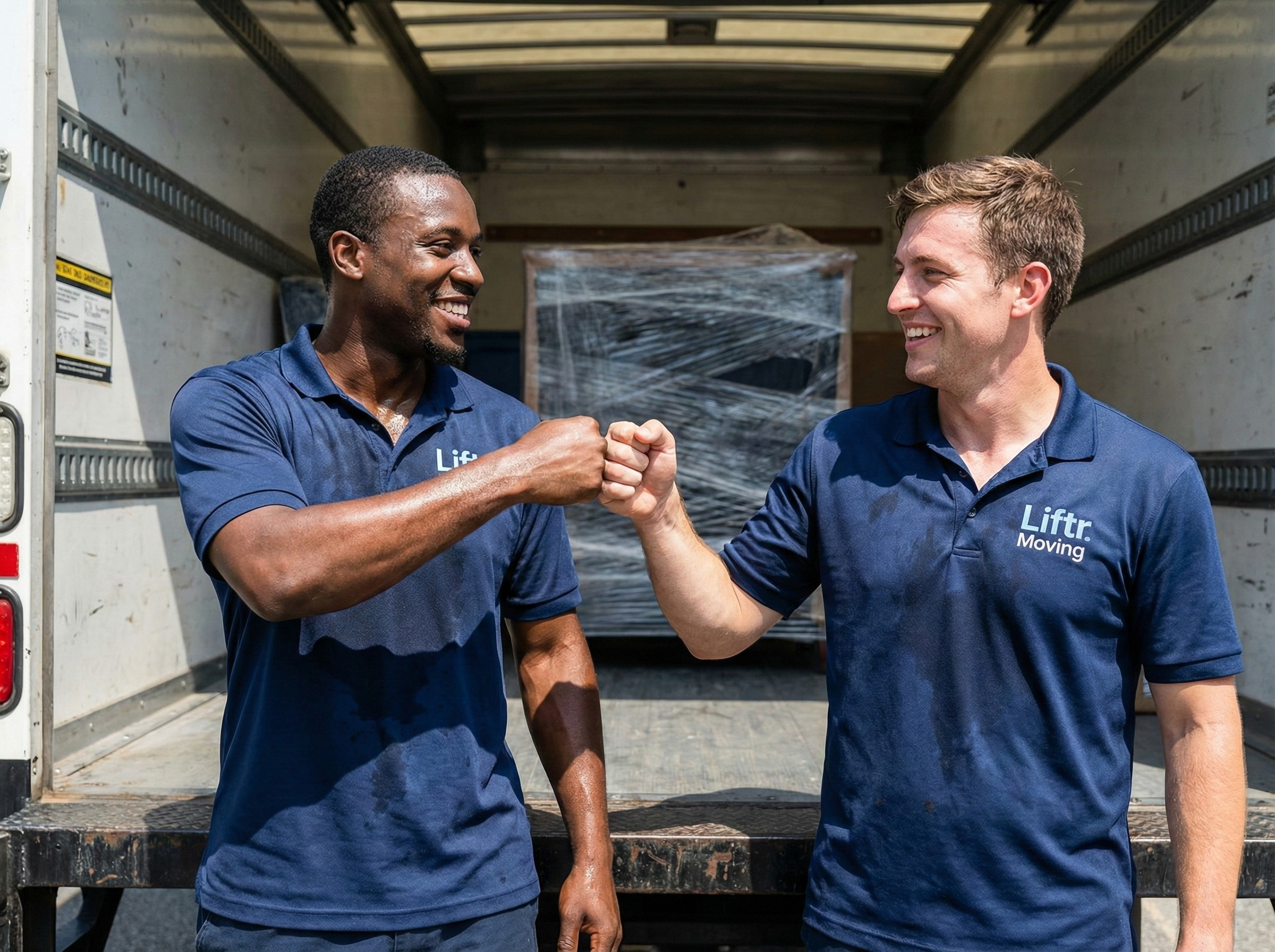 Two men in blue shirts with "Liftr Moving" logo greeting each other with a fist bump in front of a moving truck.