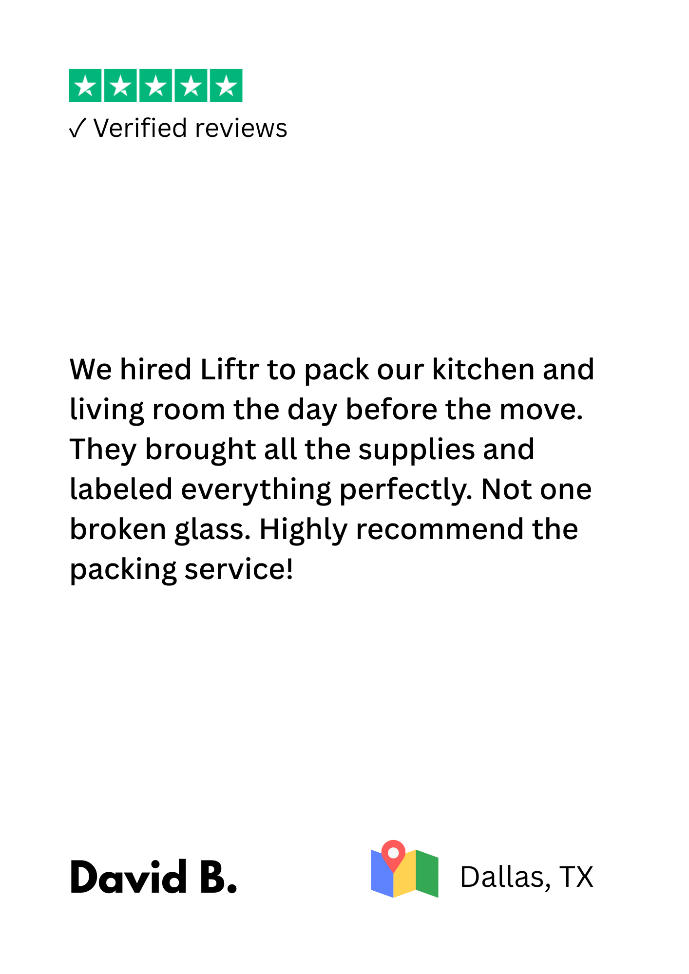 Customer review with five-star rating, mentioning hiring Lifter for packing services in Dallas, Texas, praising the professionalism and careful handling of belongings.