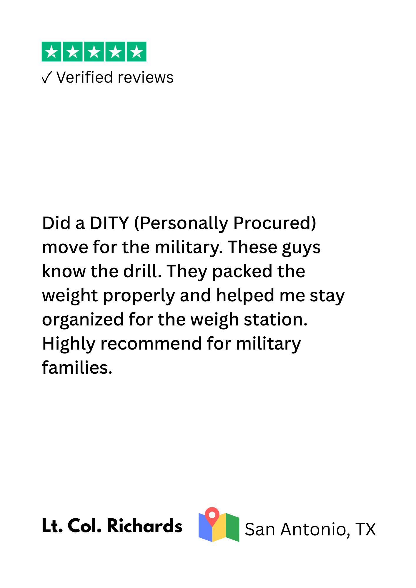 Review with five green stars, verified reviews label, and a customer comment praising military-moving services, with a location icon and text indicating San Antonio, TX.