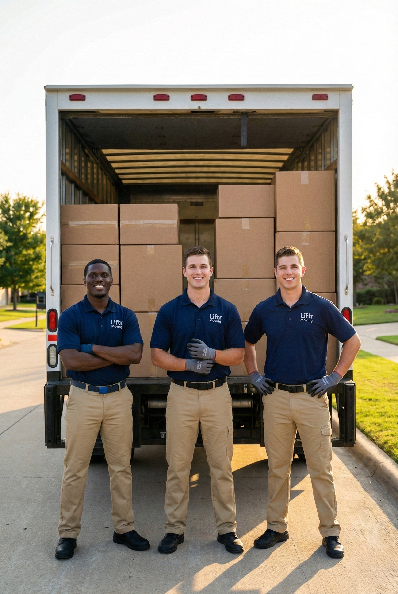 Three male movers in navy shirts and khaki pants standing in front of a moving truck with boxes inside during daytime.