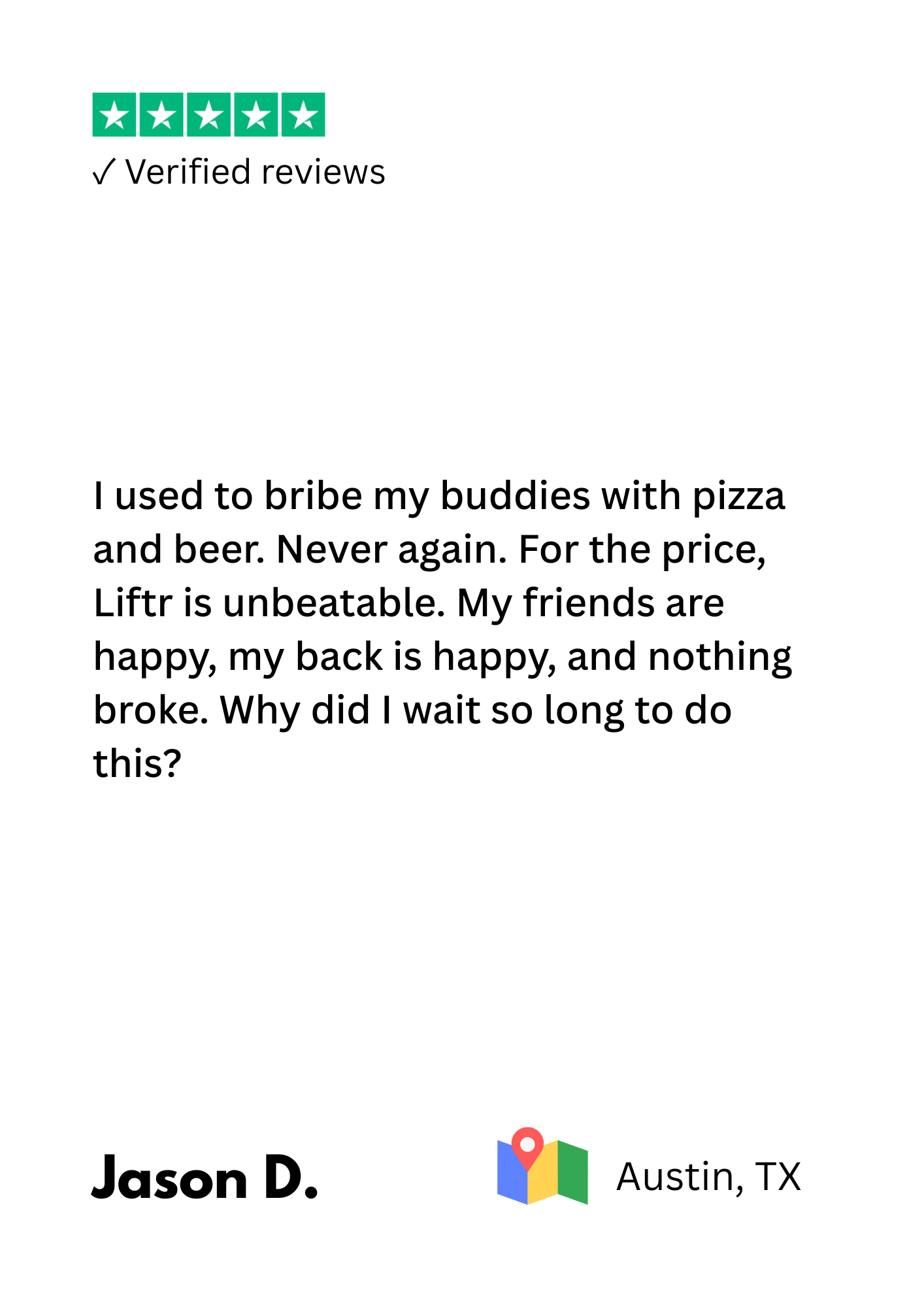 Review, five-star rating, verified reviews, customer review about a place in Austin, TX, from Jason D., expressing satisfaction with food quality and service.