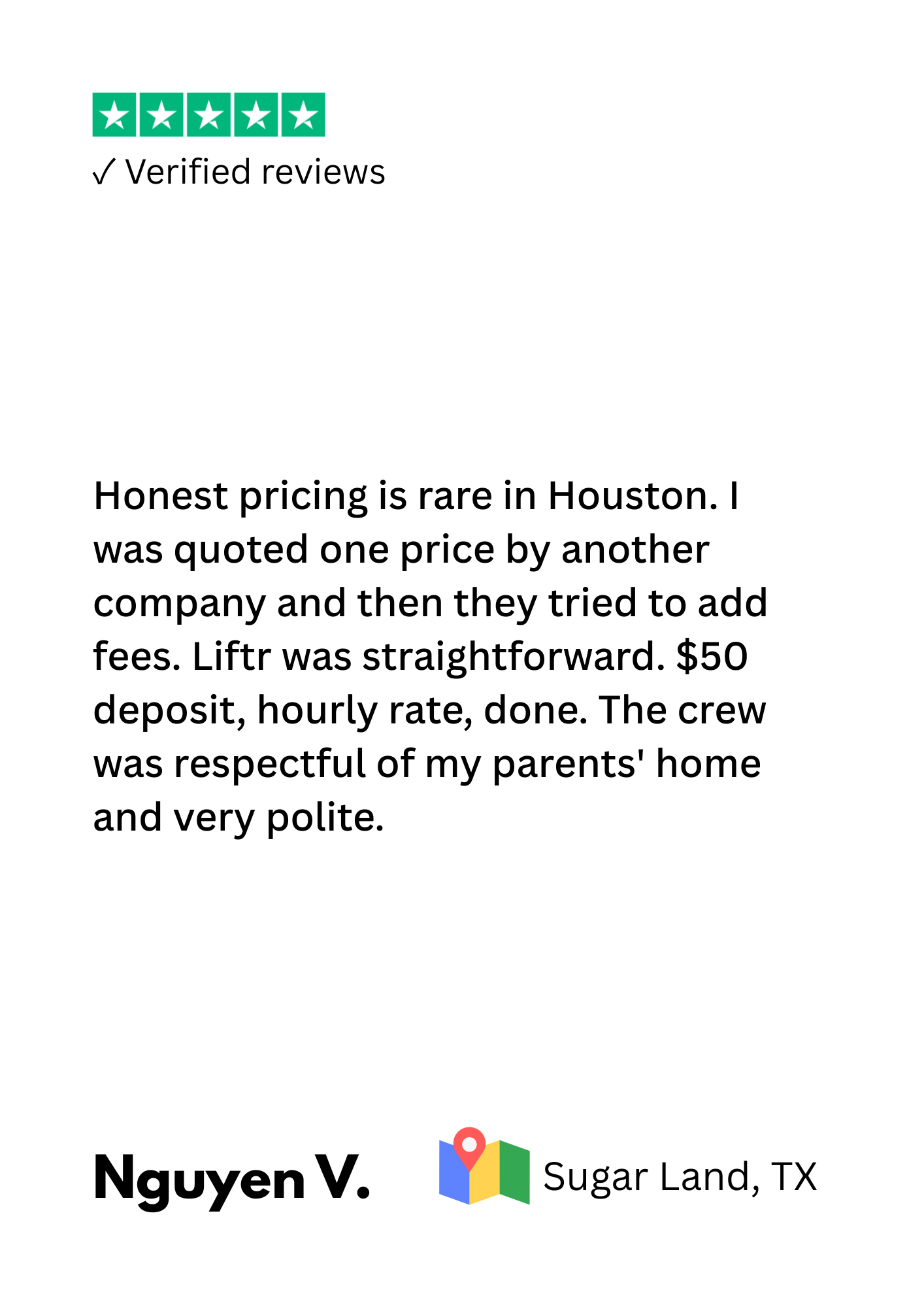 Review with five-star rating, verified reviews, and a customer testimonial praising honest pricing and respectful staff at a service in Sugar Land, TX.