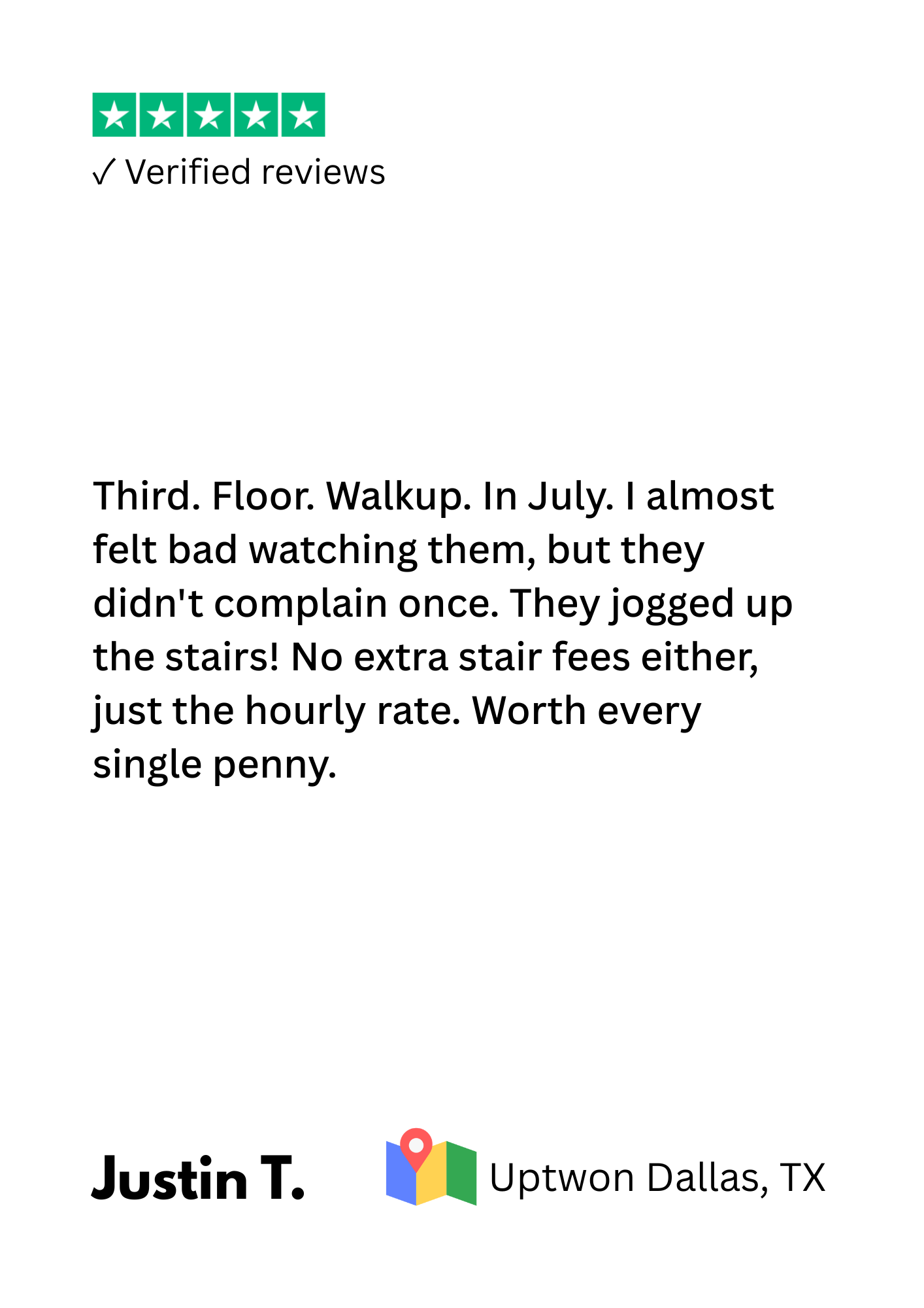 Online review with a 5-star rating, verified review, and the name Justin T. from Uptown Dallas, TX.