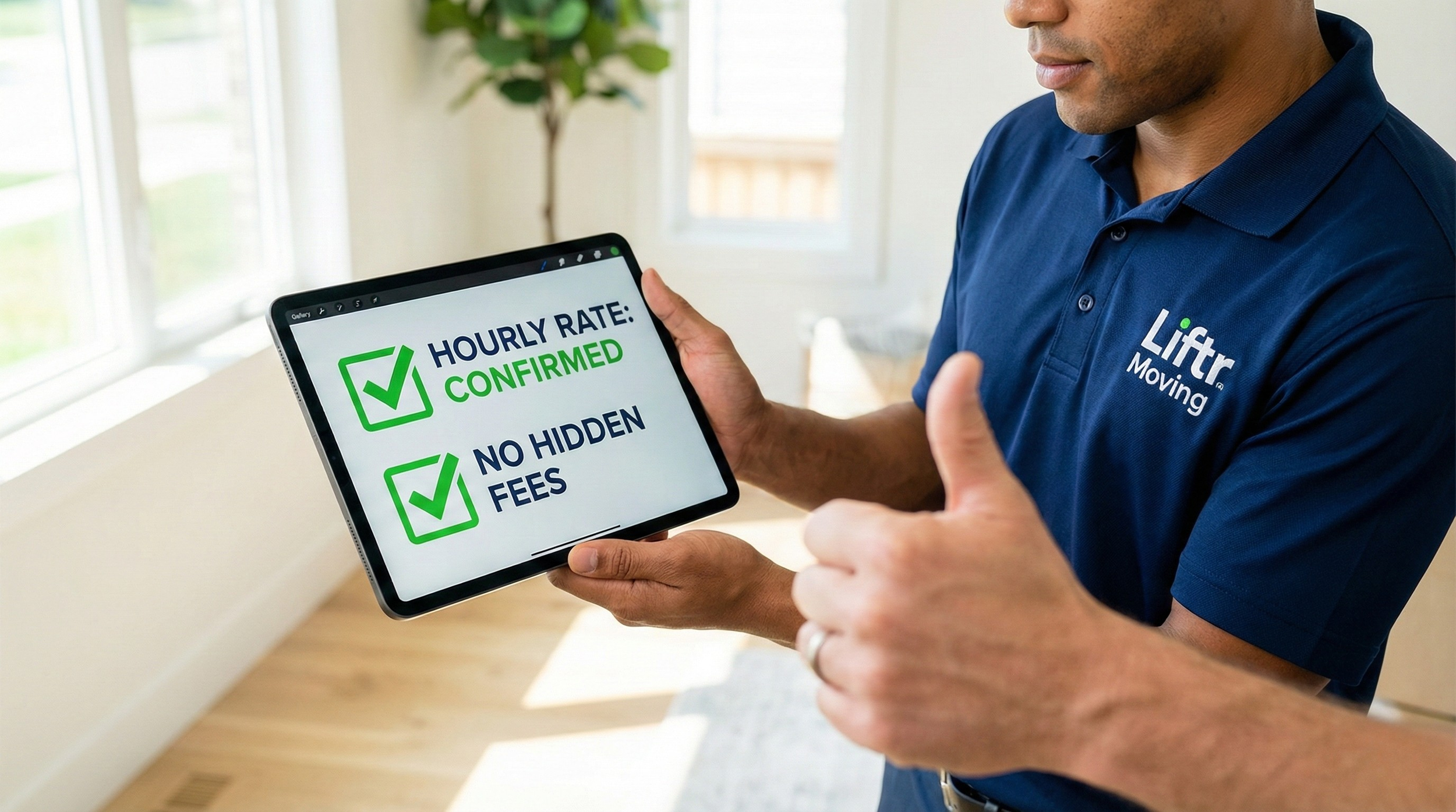 A person in a blue shirt holding a tablet displaying text about moving services, with a thumbs-up hand gesture
