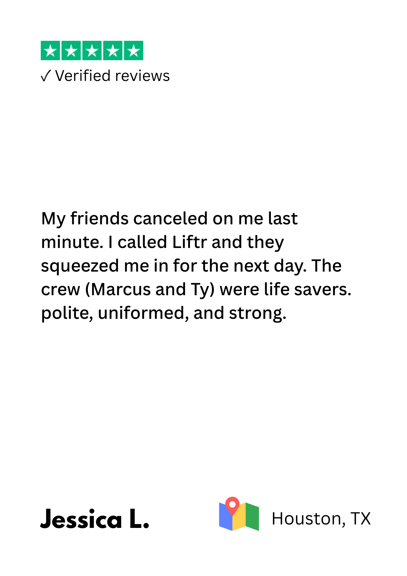 A screenshot of a verified review with 5-star rating icons at the top, the review text beneath, and the reviewer's name, location, and a small Google Maps icon at the bottom.