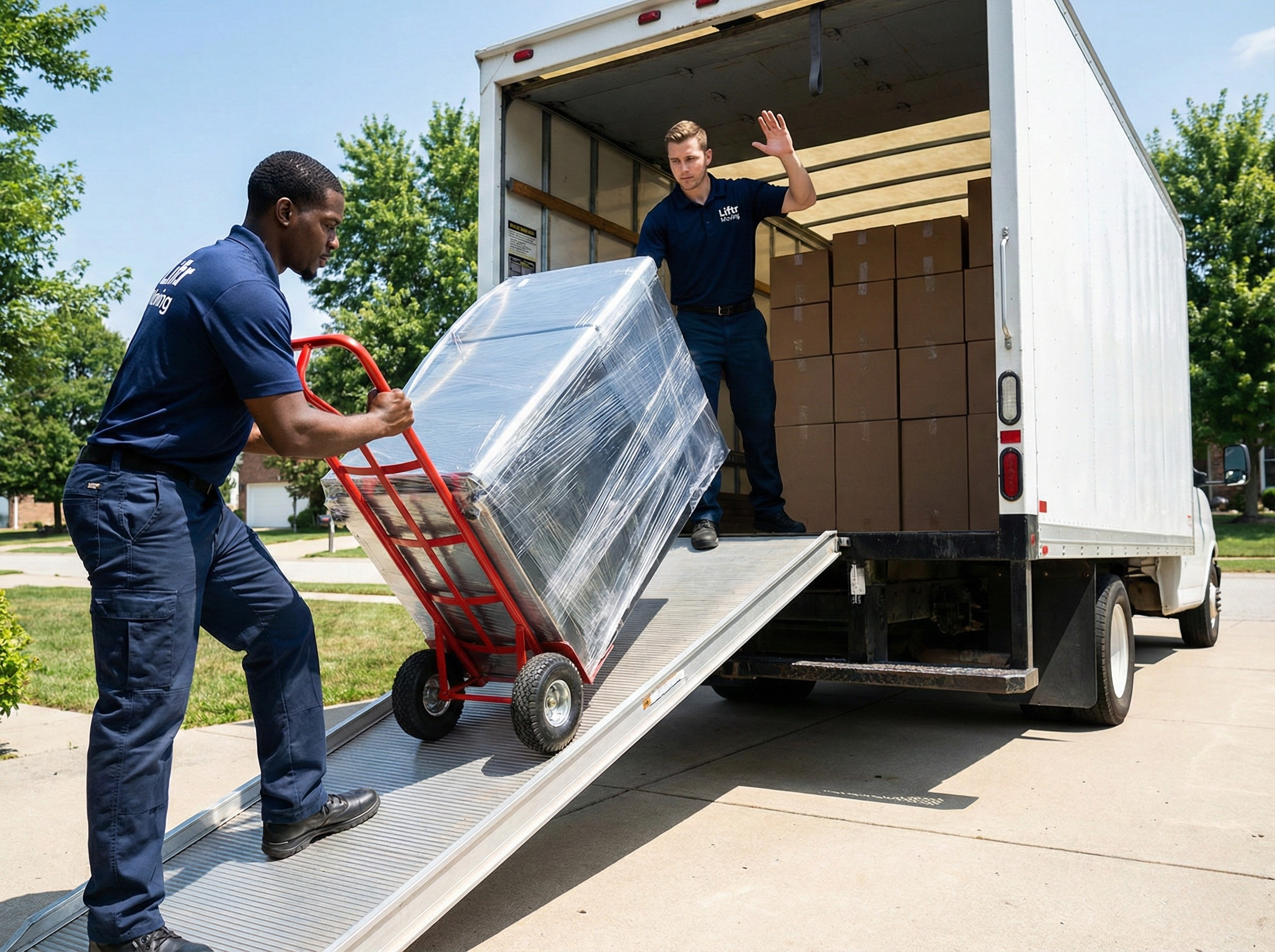 Two movers unloading boxes from a moving truck. One mover is using a hand truck to roll a wrapped item into the truck, while the other is inside the truck waving.