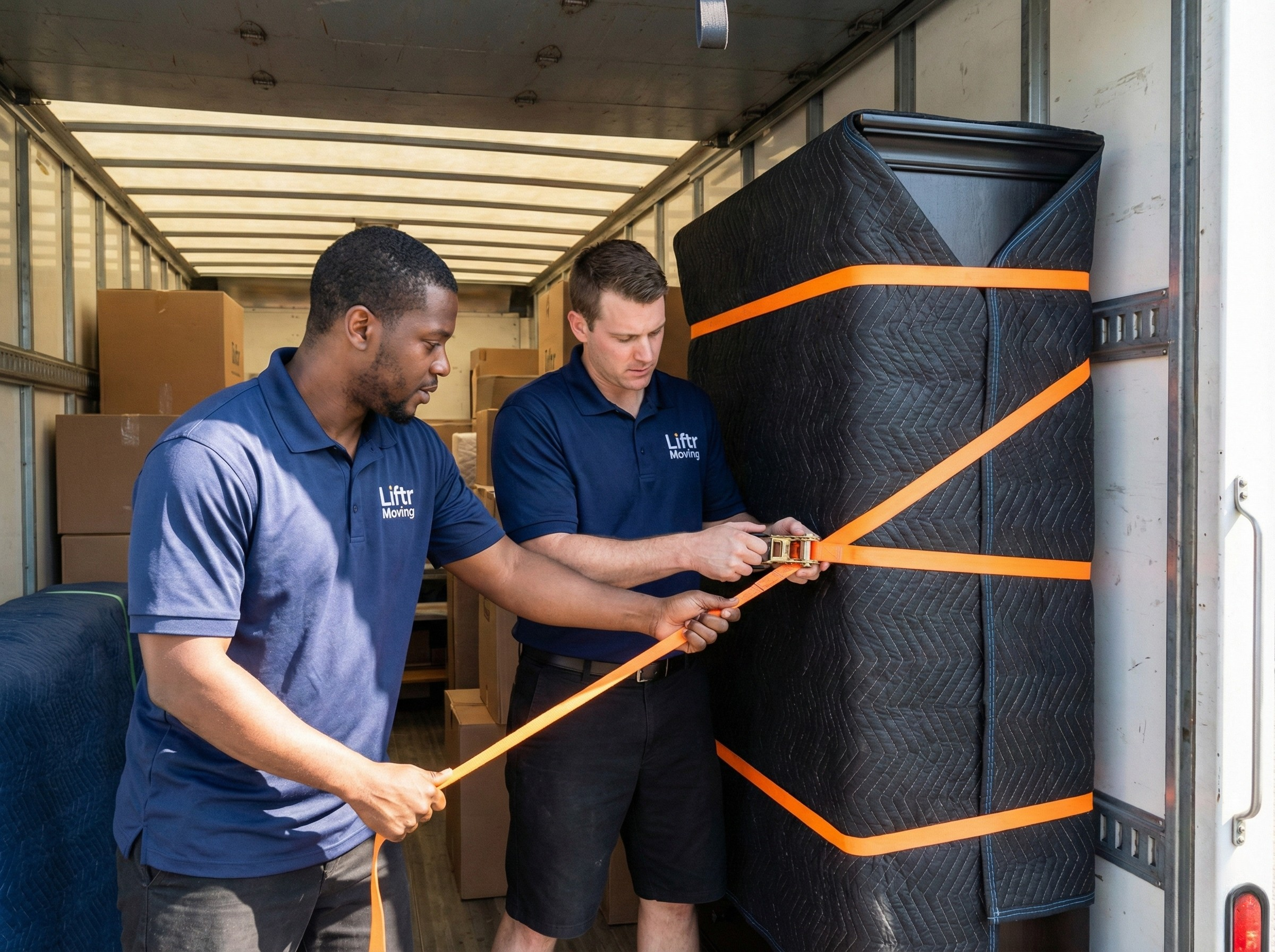 Two movers in blue uniforms securing a large black wrapped item with orange straps inside a moving truck.