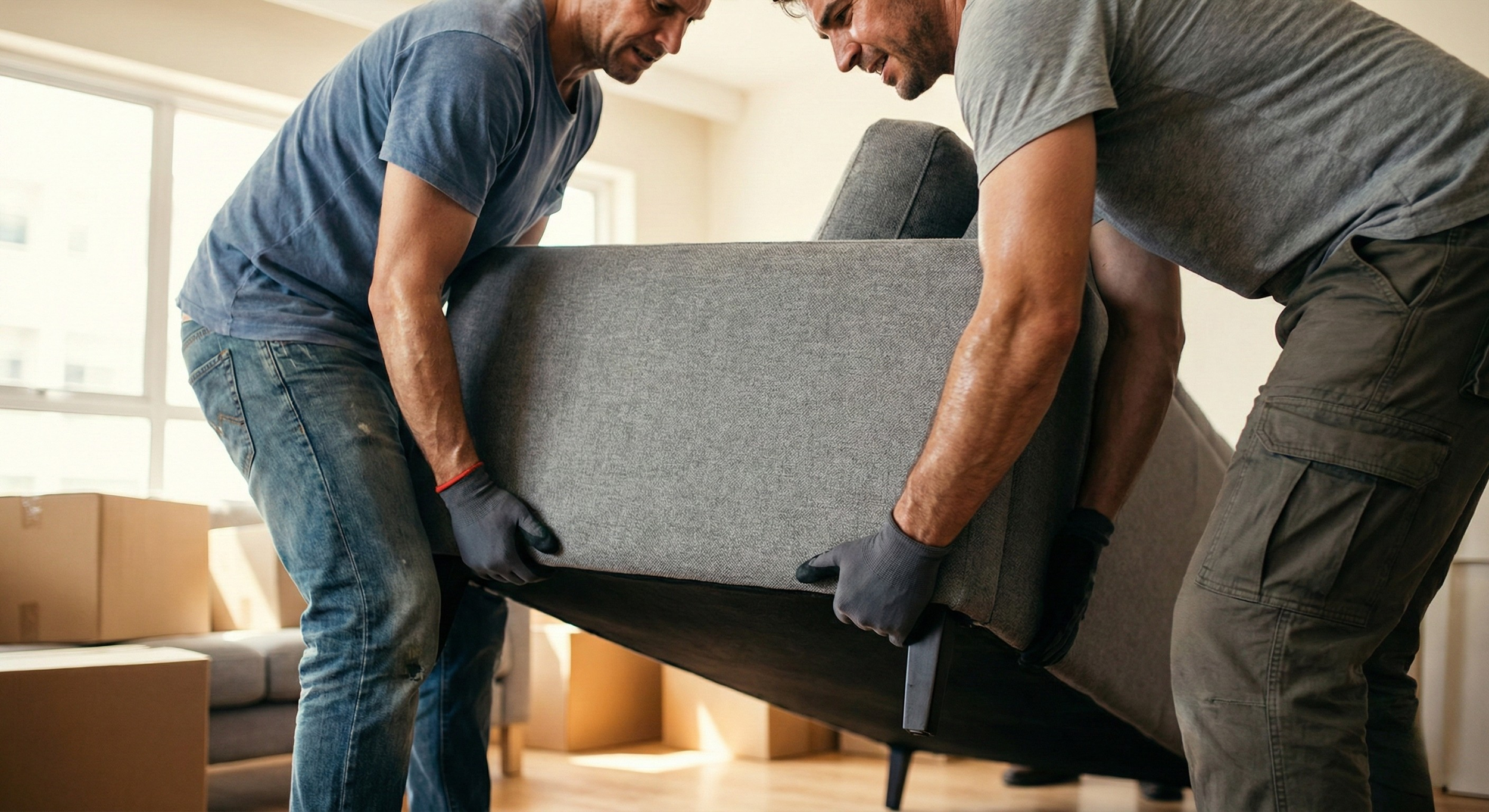Two men are lifting a gray sofa together in a bright room with large windows and cardboard boxes in the background.
