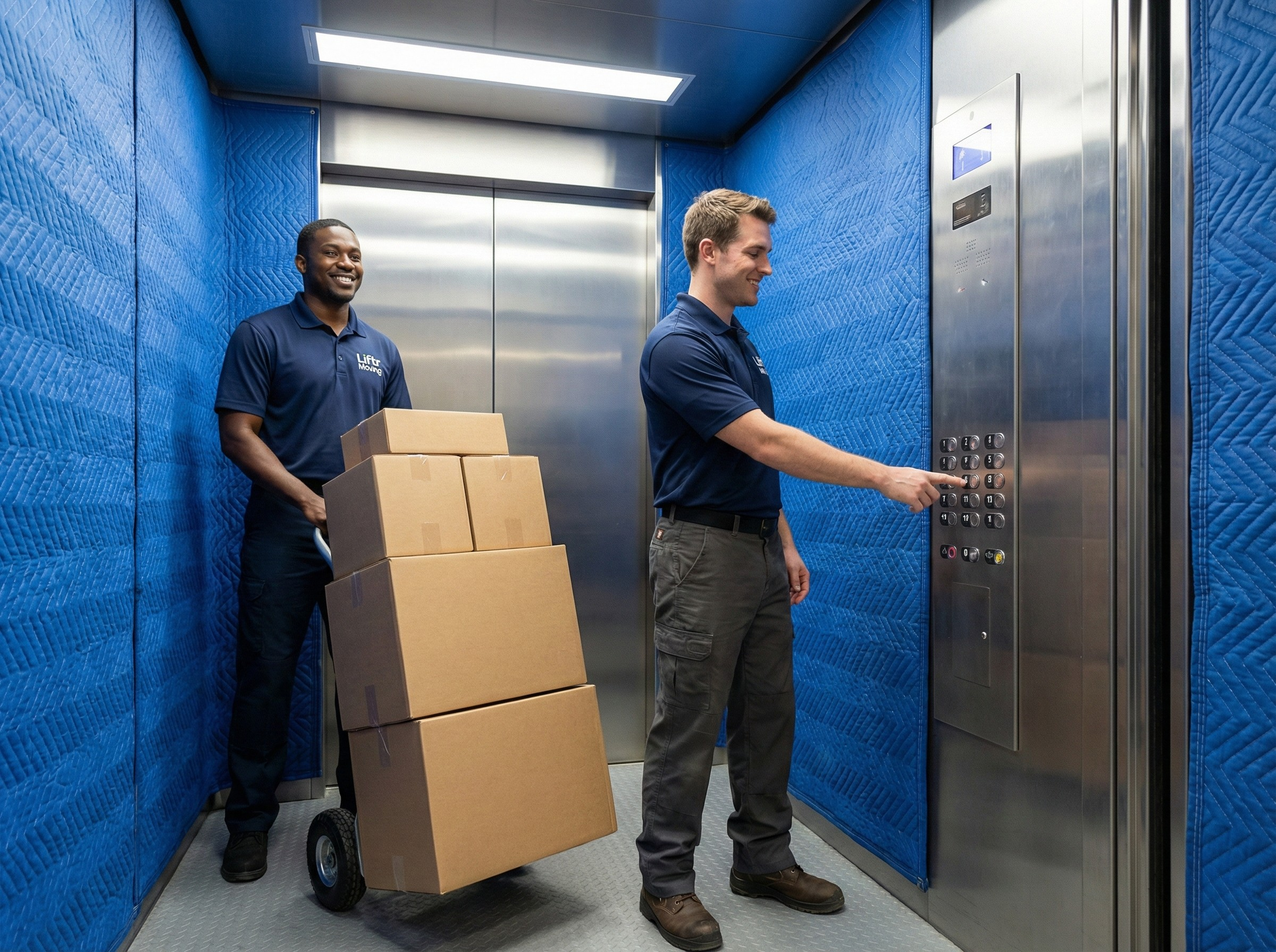 Two delivery workers in a blue elevator, one pushing a cart with boxes and the other pressing elevator buttons, both smiling.