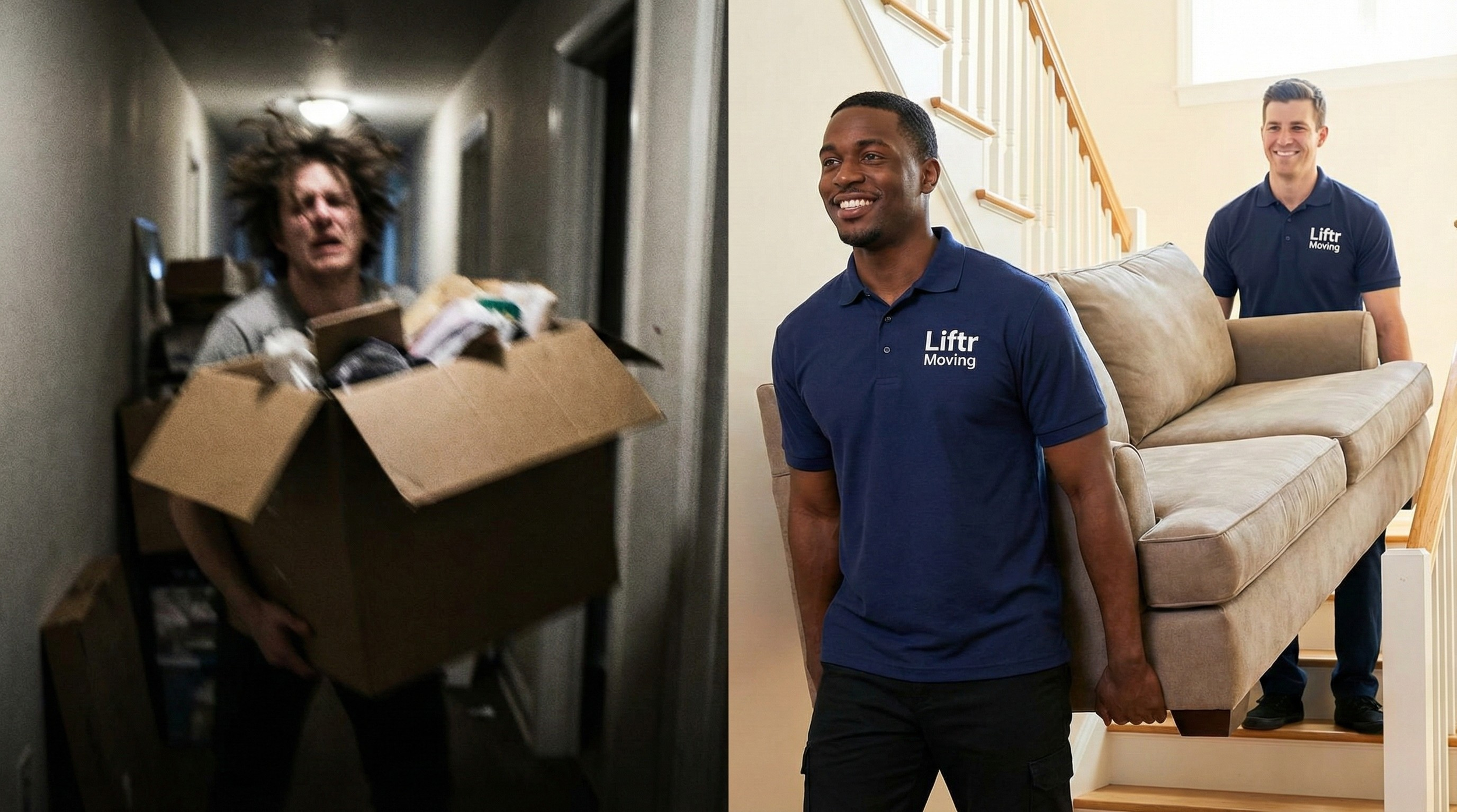 Left side: a person with wild hair holding a large cardboard box filled with household items in a dimly lit hallway. Right side: two men wearing navy blue 'Liftr Moving' shirts carrying a sofa up a staircase in a well-lit home.