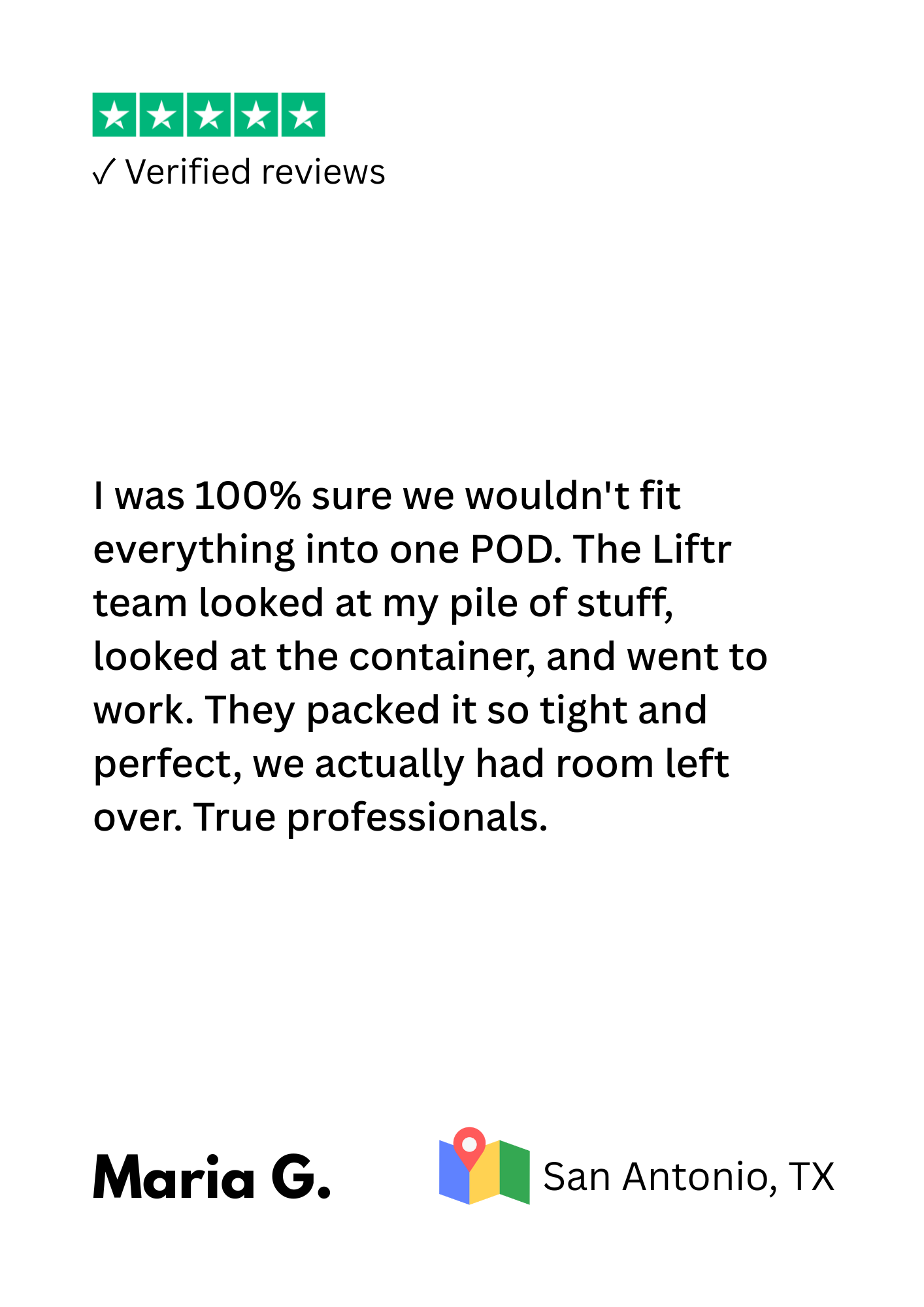 Customer review with five-star rating, verified reviews badge, and a positive testimonial about packing products, authored by Maria G. from San Antonio, TX.