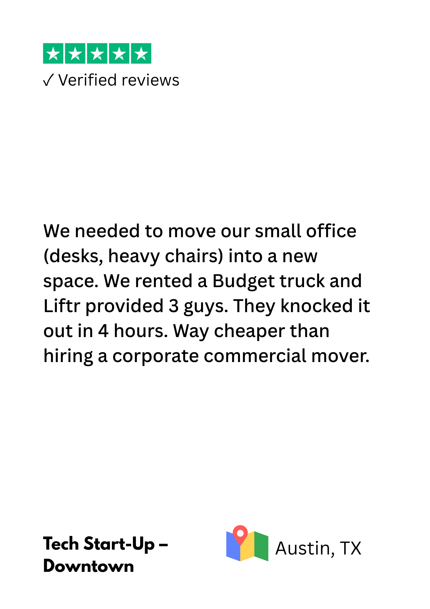 A testimonial review with a 5-star rating, verified reviews label, and a short company description mentioning a move to a new office in Austin, TX, with a Google Maps icon.