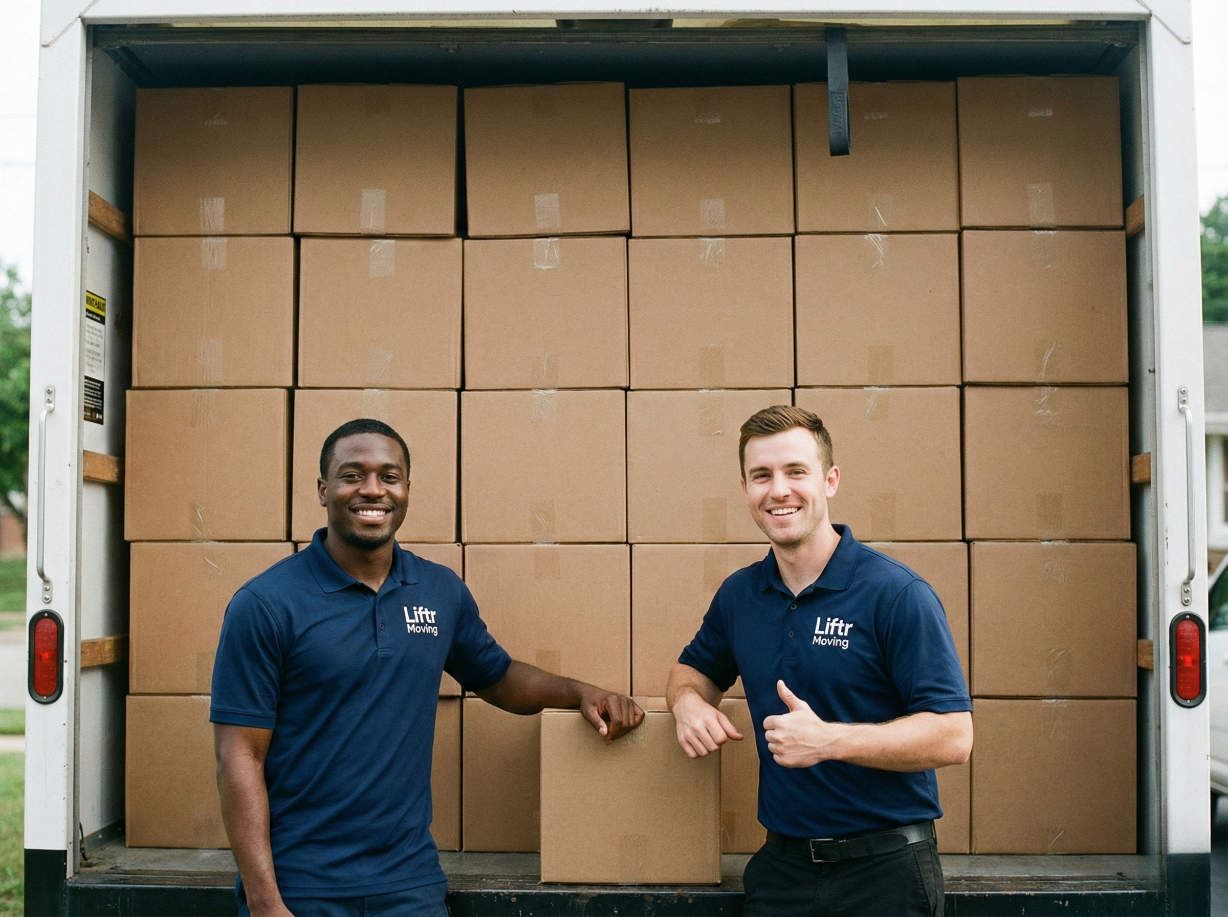 Two smiling men in blue shirts with 'Liftr Moving' logo stand in front of a truck filled with stacked cardboard boxes.