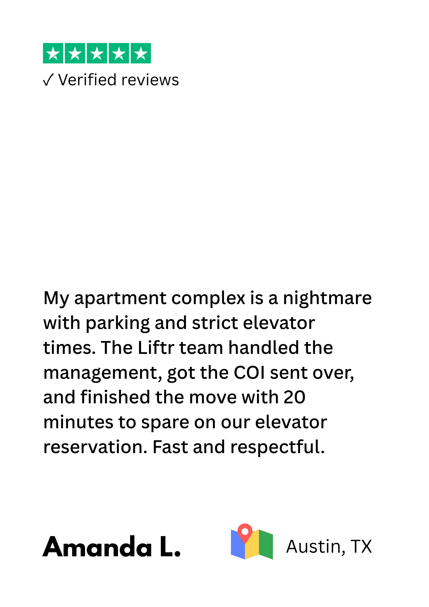 Five green and white star rating icons with verified reviews text, a review comment about apartment management and elevator handling, and the name Amanda L. from Austin, TX with a location icon.