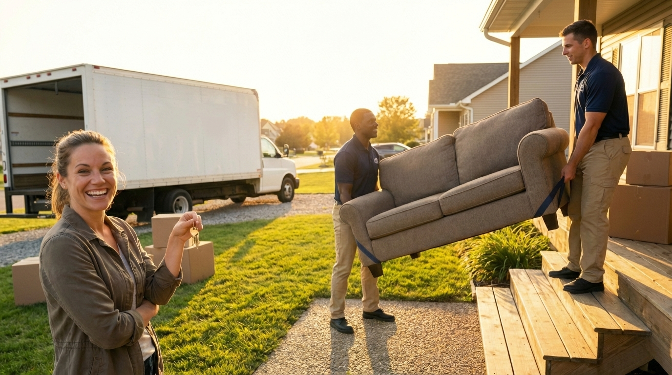 Three people moving a sofa into a house during sunset, one woman smiling and holding keys.
