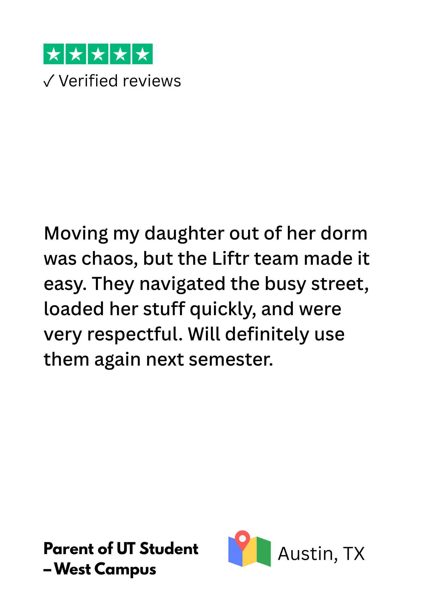 Online review with five stars, verified reviews, positive feedback from parent of UT student in Austin, TX.