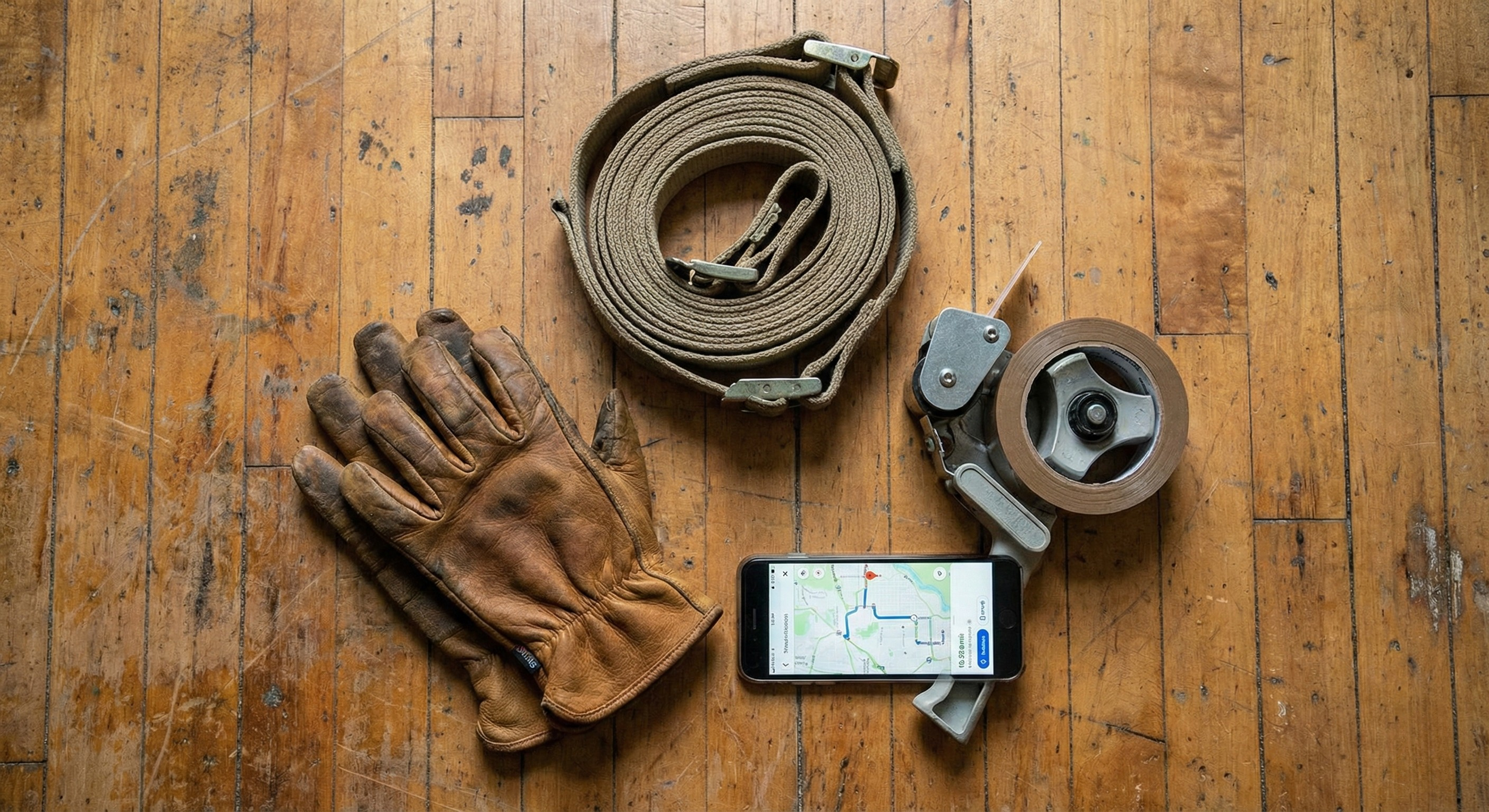 A pair of brown work gloves, a coiled beige strap with metal hooks, a handheld measuring tape, and a smartphone displaying a map with directions are placed on a wooden floor.
