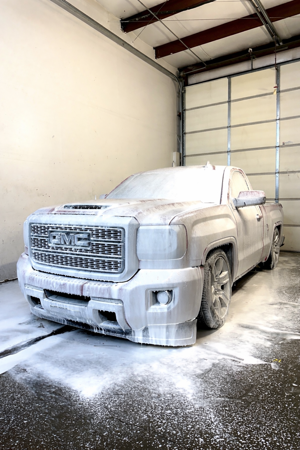 A white GMC pickup truck covered in soap suds and foam, parked inside a garage with a closed metal roll-up door.