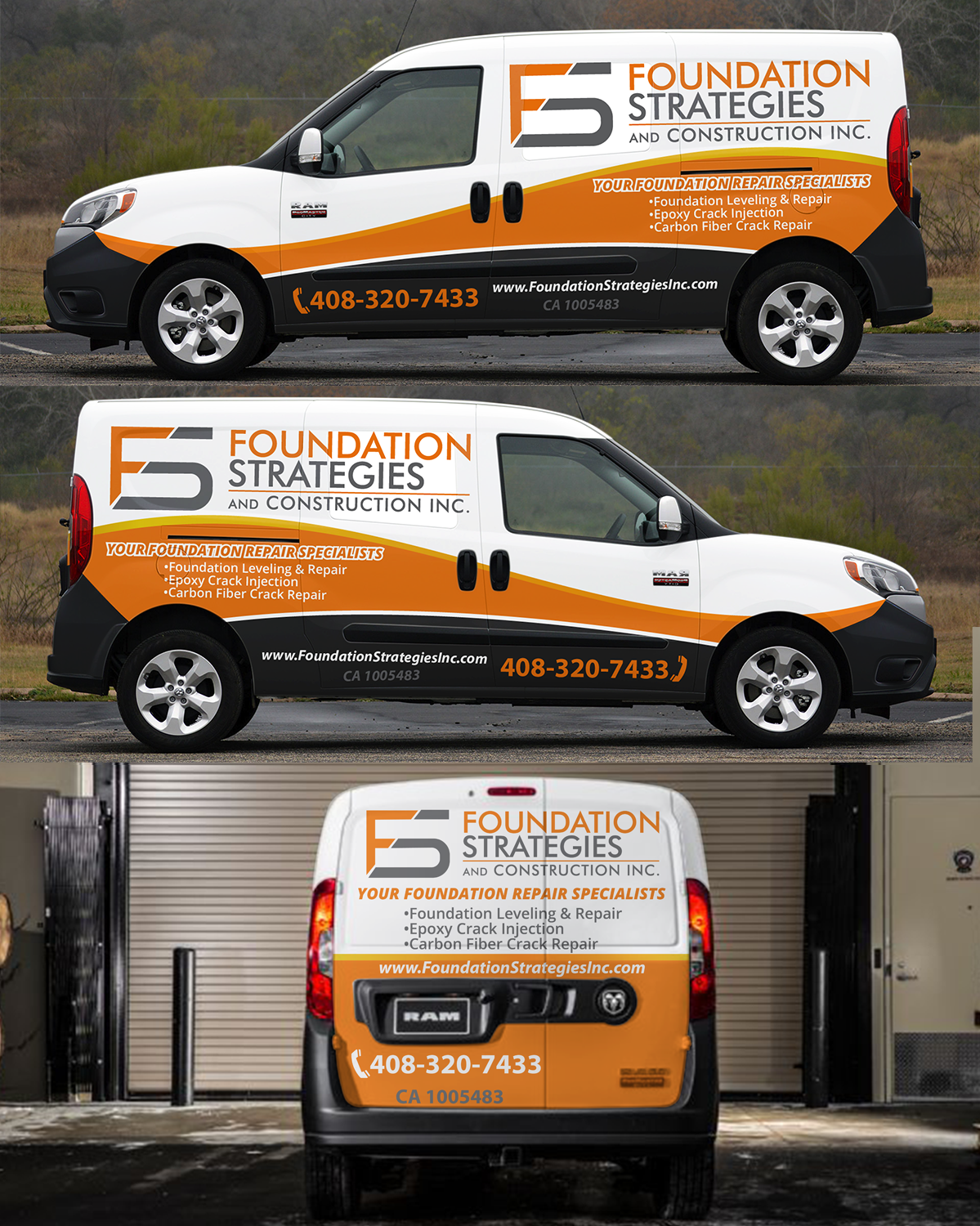 A white commercial van with graphics and text advertising Foundation Strategies and Construction Inc., featuring orange, black, and gray colors, with contact information and services listed.