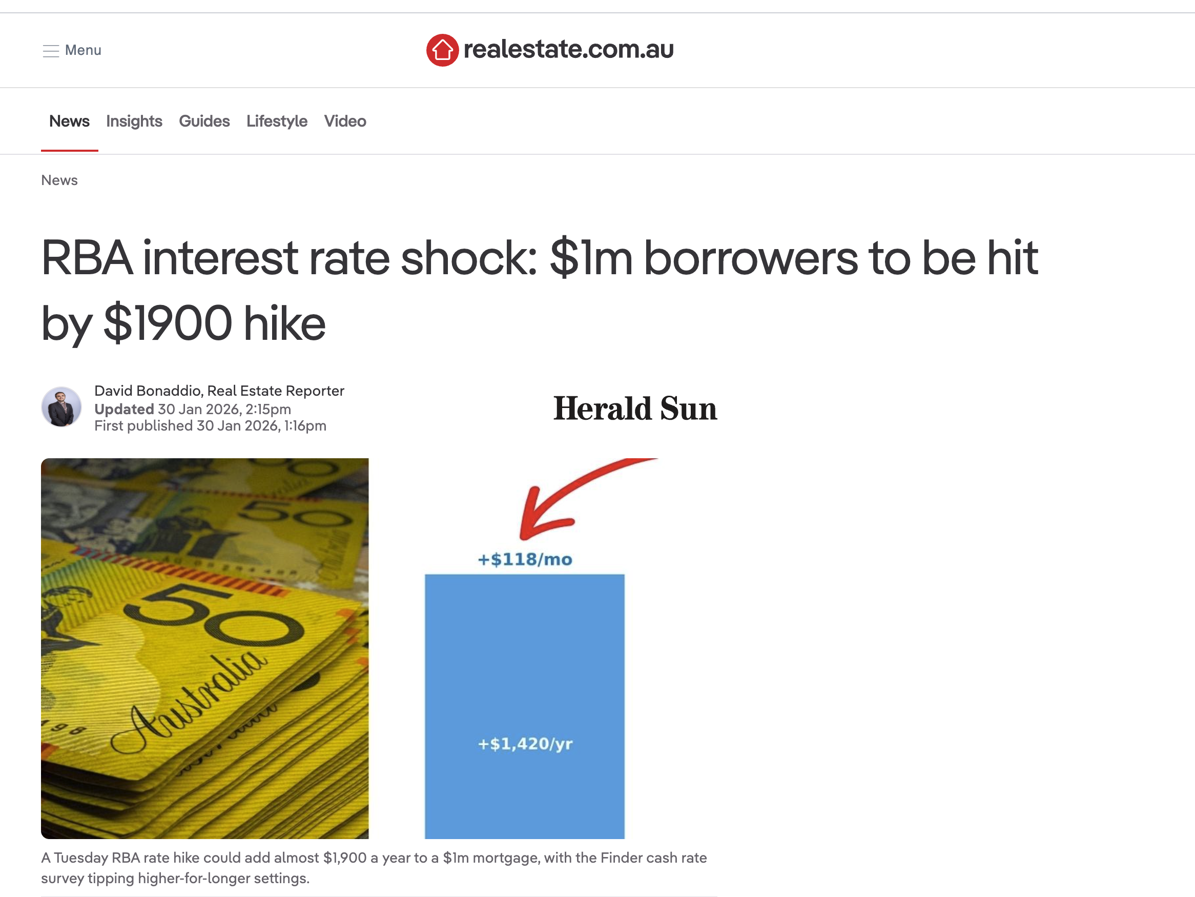REALESATE.COM.AU ARTICLE FEATURE: RBA interest rate shock: $1m borrowers to be hit by $1900 hike