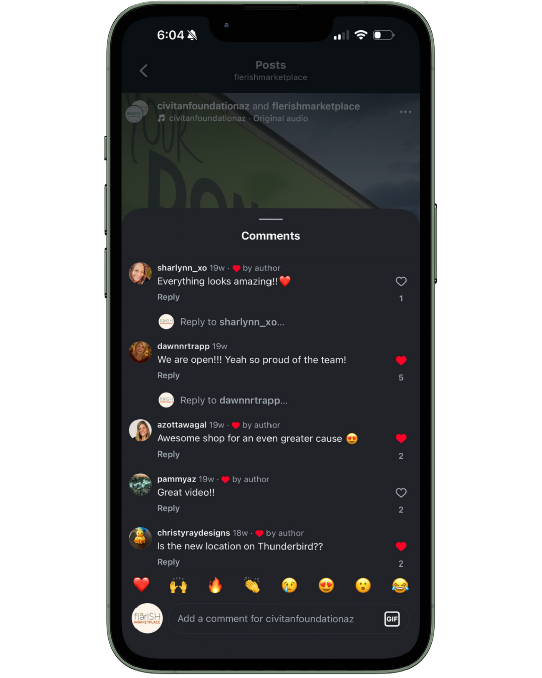 A smartphone screen displaying a social media post with comments. The post is from 'flerishmarketplace' and shows a bit of a green background with the words 'Your Don...' visible. Comments include praise for the shop and questions about a new location, with various reactions and emojis.