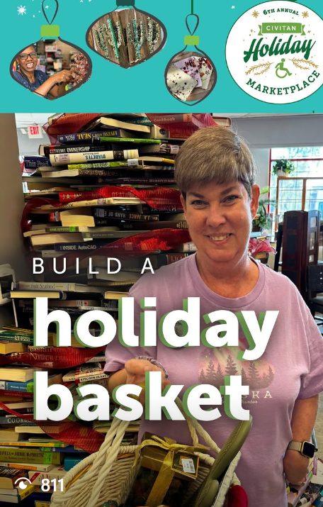 Woman shopping at a store, holding a holiday basket, with craft supplies and books in the background, and holiday decorations hanging above.