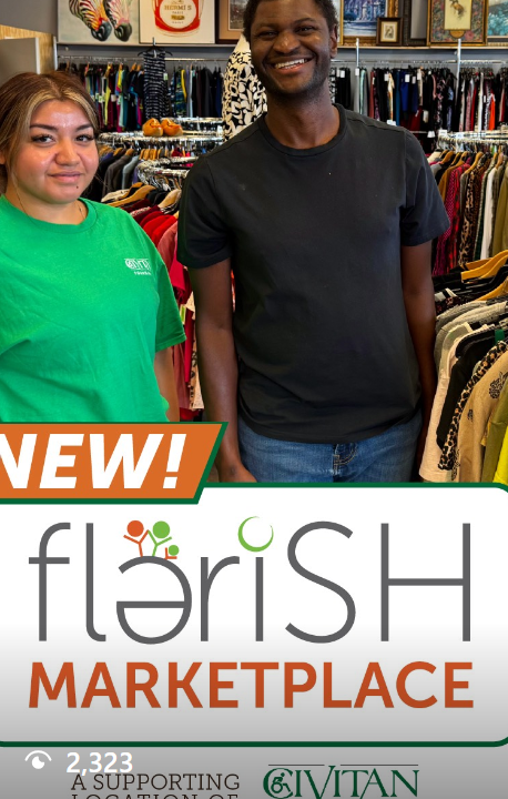 Two people smiling in a thrift store with clothing racks in the background, promoting the Flairish Marketplace.