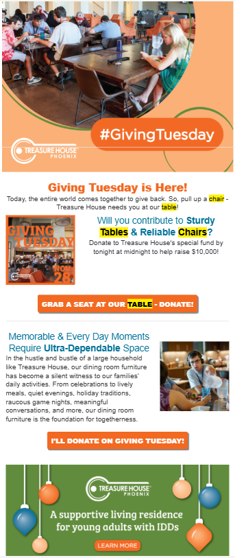 People sitting at tables and chairs in a room, participating in a Giving Tuesday event for Treasure House Phoenix, with a promotional graphic for the event.