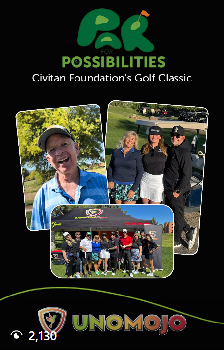 Promotional flyer for Civitan Foundation's Golf Classic featuring three photos of golfers, event logo, and company branding for UNOMOJO.