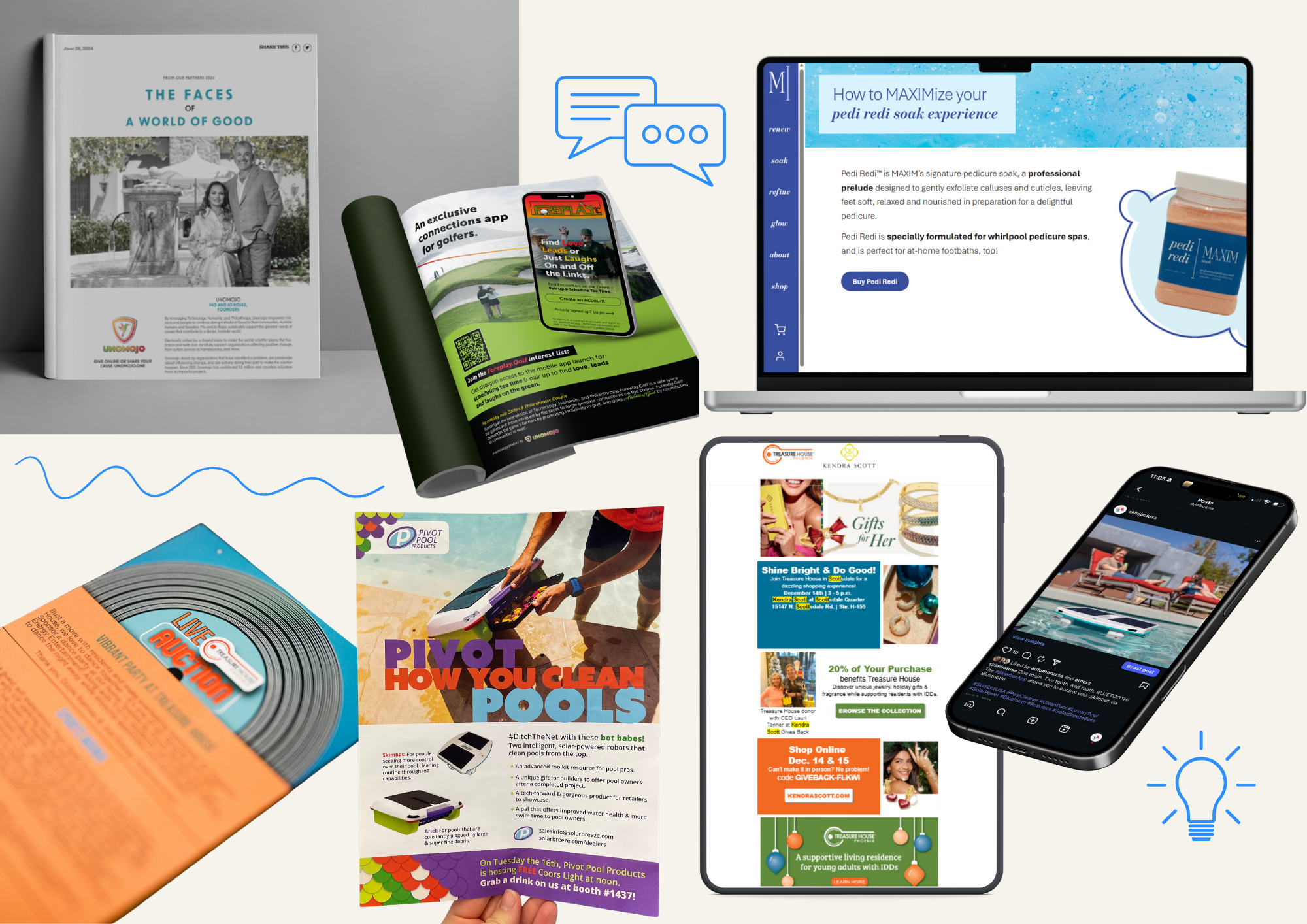 Collection of digital and print marketing materials, including a magazine, brochures, flyers, and social media, promoting various products and services.