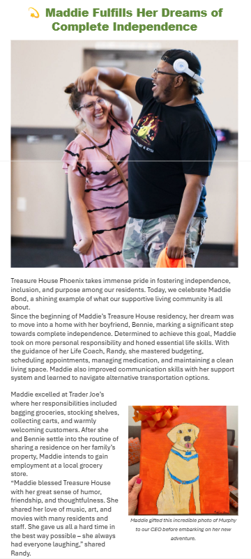 A woman and a man are smiling and celebrating, with the woman holding her arm up. The man is wearing headphones and casual clothing, and they appear to be in a community space, possibly celebrating Maddie's independence. There's a portrait of a dog at the bottom of the article.