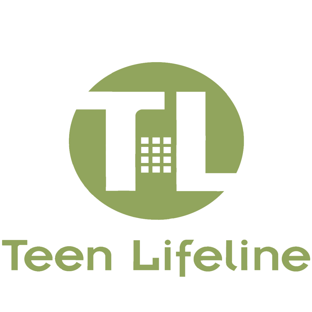 Logo for Teen Lifeline with a stylized depiction of a telephone and the words "Teen Lifeline" in green.