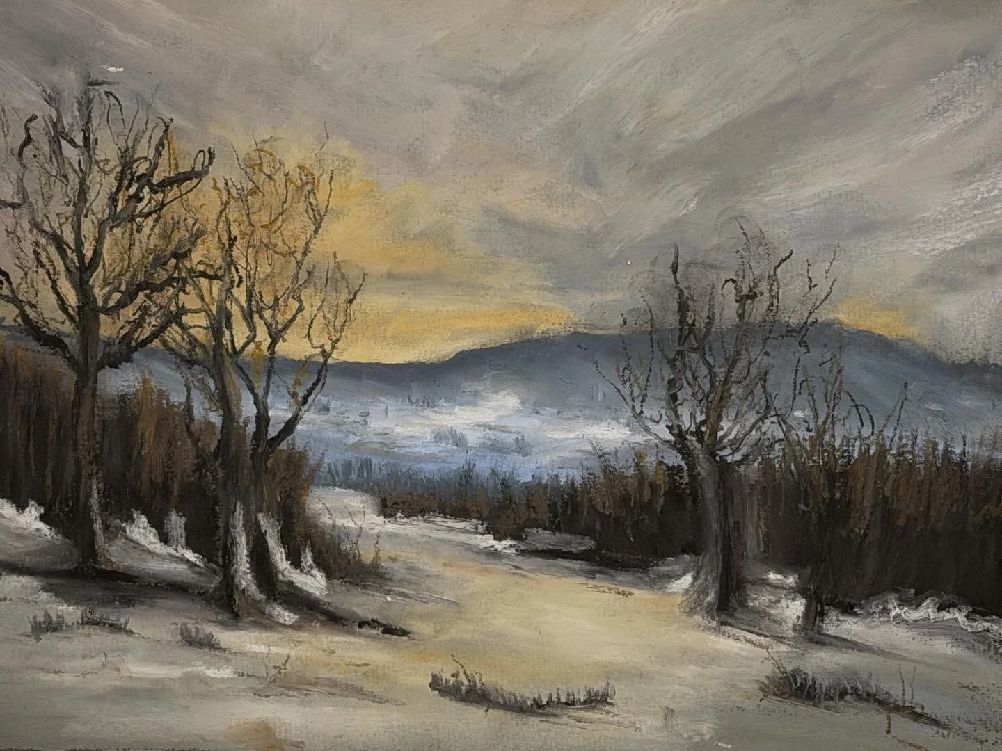 Another winter scene in oil pastel, I&rsquo;m abroad with just my soft pastels and I miss my oil pastels so much! #oilpastelart