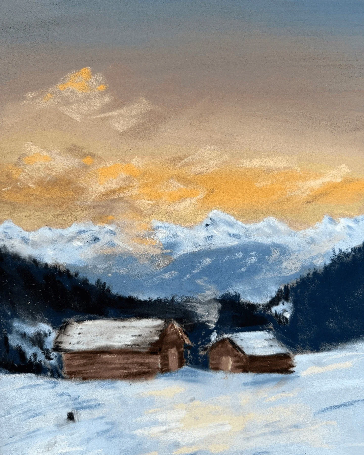 My first winter plein air in Utia de Borz, Italy went by unpredictably fast. The snow was freezing and even with chalk pastels and the sun setting in the valley on the patio of my hotel, I rushed through the capture, for some reason, even though chal