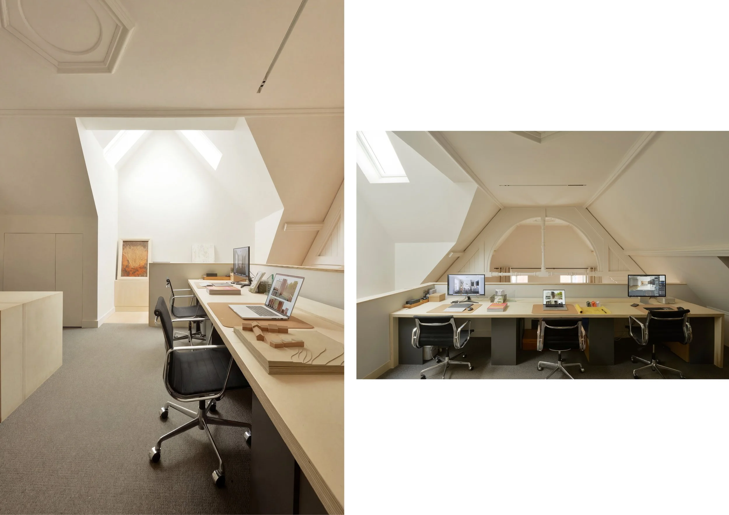 Two photos of a bright attic office with a sloped ceiling, large skylights, and a long desk with computer monitors, chairs, and office supplies.