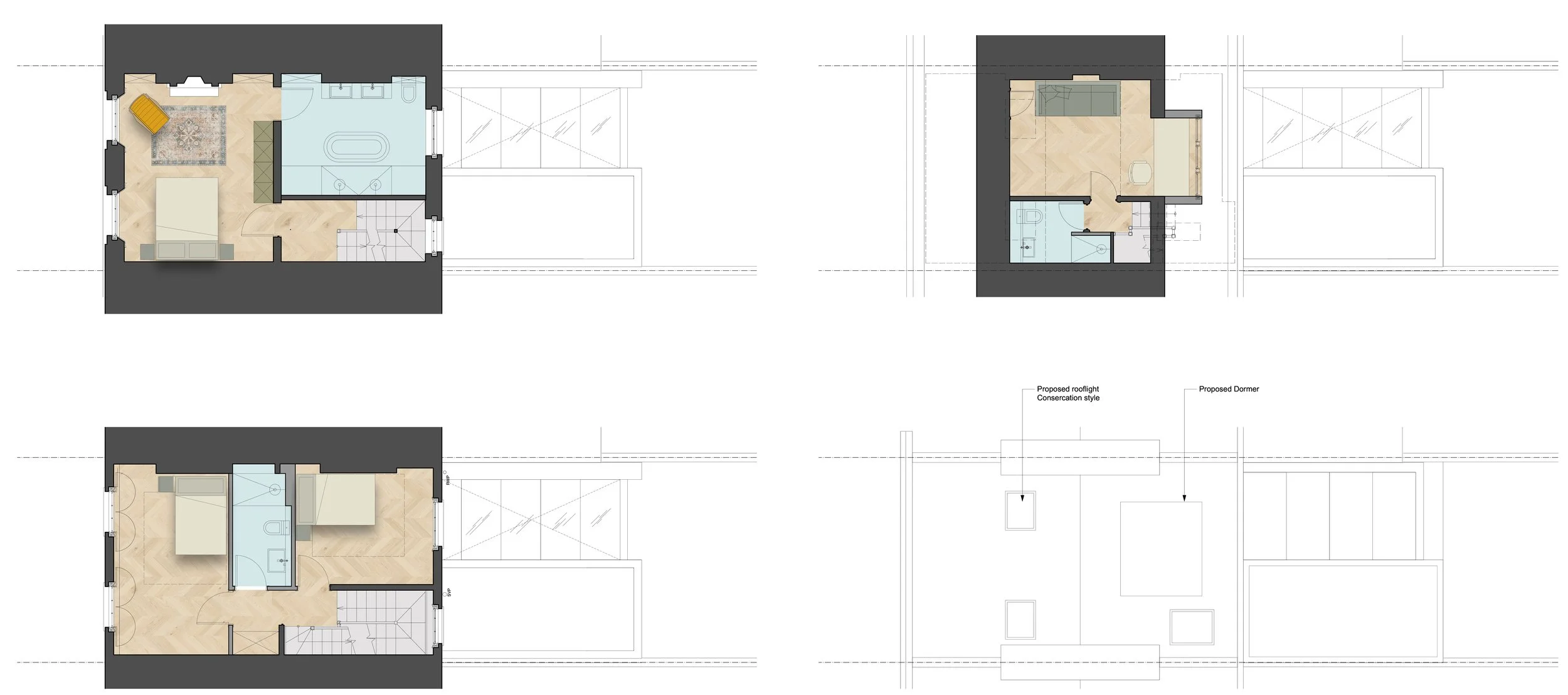Architectural floor plans of a multi-story residential building showing layouts for each level, including bedrooms, bathrooms, staircase, and rooftop proposals.