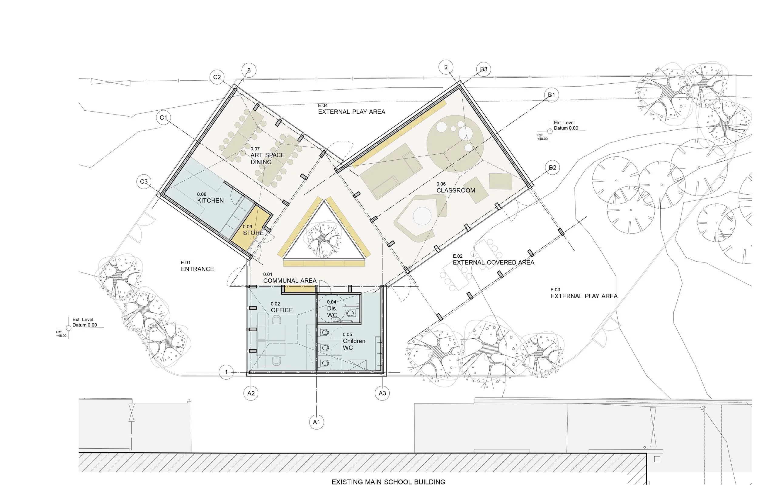 Architectural plan of an existing main school building showing rooms such as entrance, office, children’s WC, communal area, store, kitchen, art space, dining, classrooms, external play areas, covered area, and landscaped trees.
